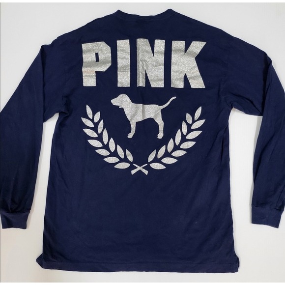 Pink Pom Pom Tops - Y2K‎ PINK Victoria's Secret Long Sleeve T-Shirt Dog Logo Graphic Top M